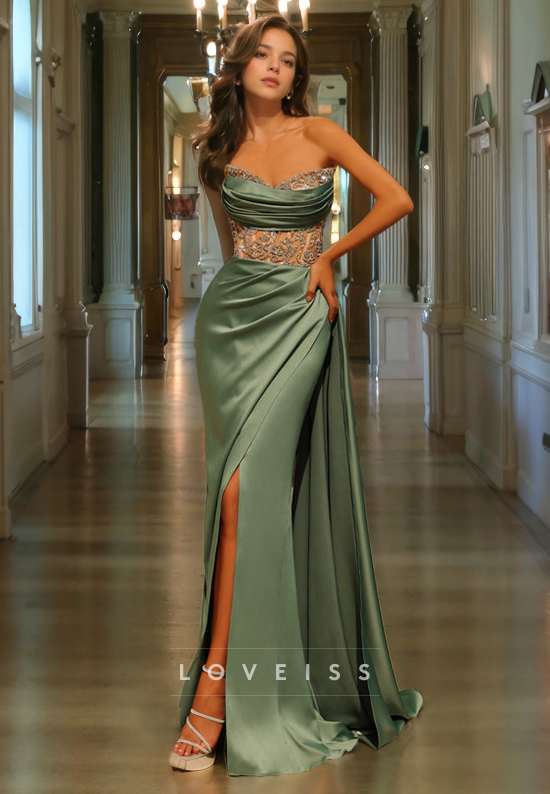 Sweetheart Sleeveless Appliques Ruched Sheath Prom Dress