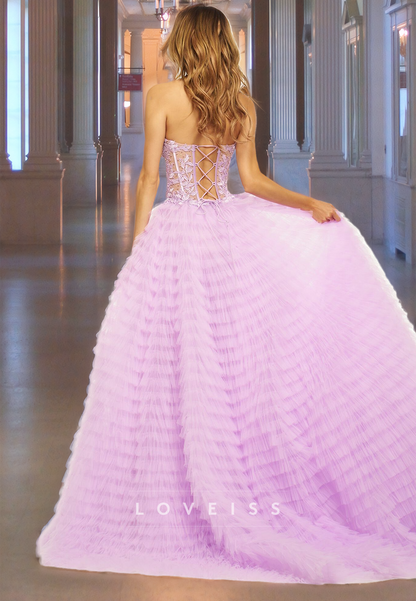 Sweetheart Sleeveless Appliques Sheer Tiered A-Line Prom Dress