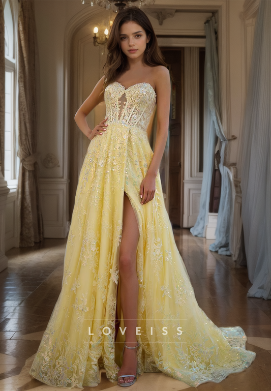 Sweetheart Sleeveless Appliques Side Slit A-Line Prom Dress