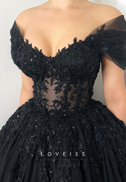 Sweetheart Sleeveless Appliques Tulle A-Line Black Wedding Dress