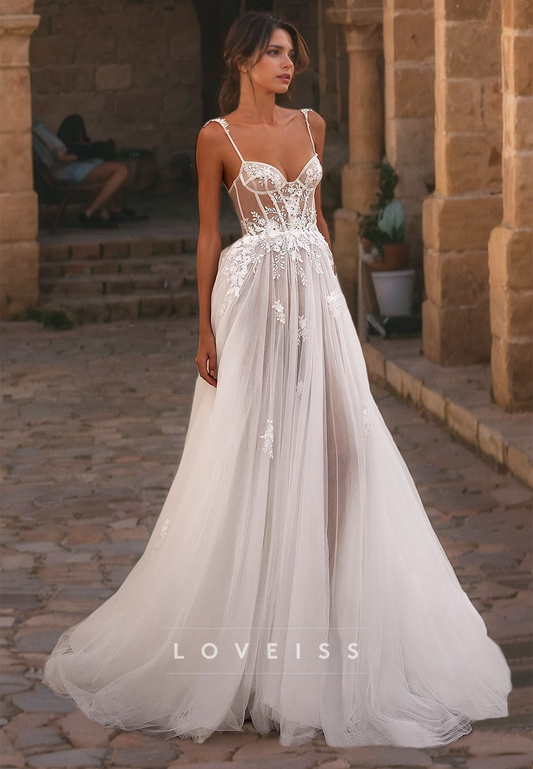 Sweetheart Sleeveless Appliques Tulle Sheer A-Line Beach Wedding Dress