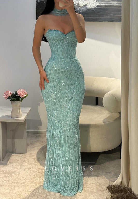 Sweetheart Sleeveless Beaded Embroidery wiith Scarf Mermaid Prom Dress