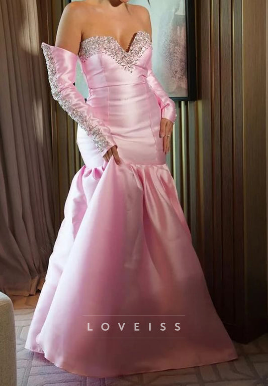 Sweetheart Sleeveless Beaded Pleated Mermaid Pink Formal Prom Dress