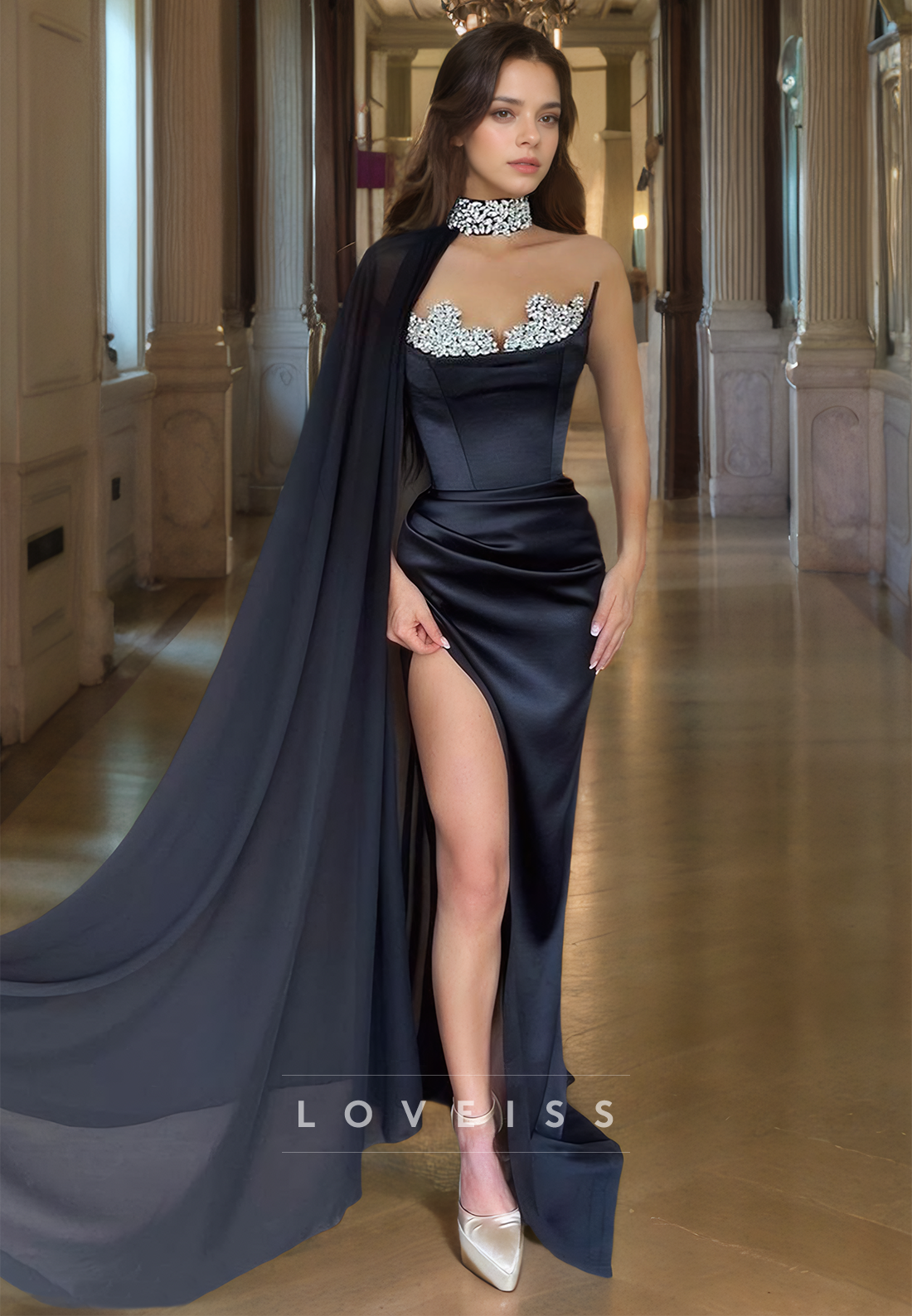 Sweetheart Sleeveless Beaded Pleated Side Slit Prom Dress