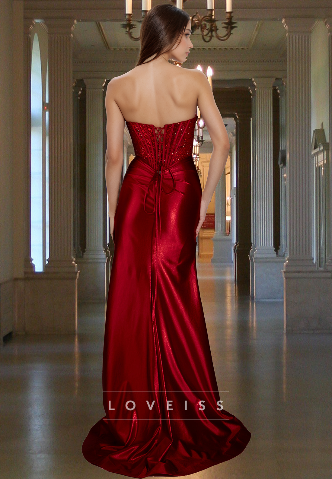 Sweetheart Sleeveless Beaded Pleated Side Slit Sheath Prom Dresss