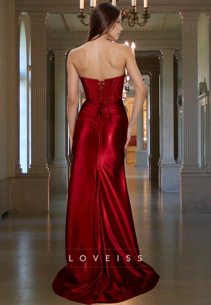 Sweetheart Sleeveless Beaded Pleated Side Slit Sheath Prom Dresss