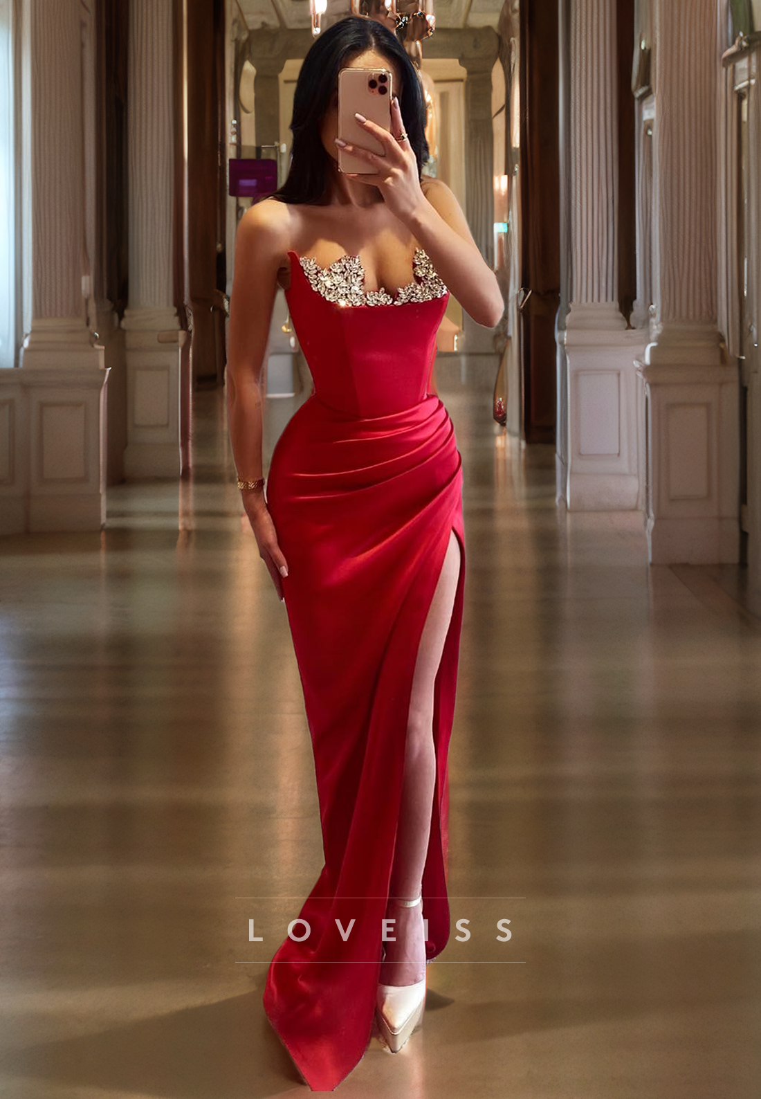 Sweetheart Sleeveless Beaded Ruched High Slit Prom Dress