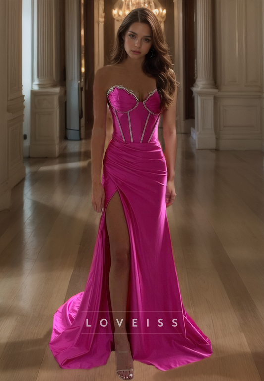 Sweetheart Sleeveless Beaded Ruched Side Slit Sheath Prom Dress