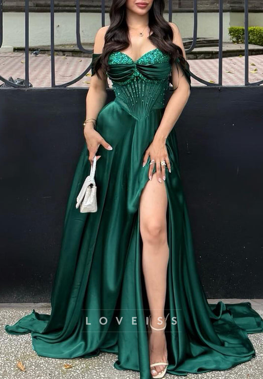 Sweetheart Sleeveless Beaded Side Slit A-Line Prom Dress