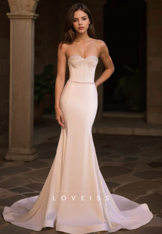 Sweetheart Sleeveless Beaded Sleek Mermaid Beach Wedding Dress