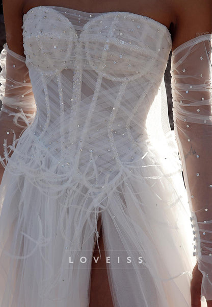 Sweetheart Sleeveless Feathered Tulle A-Line Wedding Dress