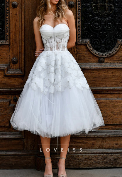 Sweetheart Sleeveless Floral Appliques Tulle A-Line Midi Wedding Dress
