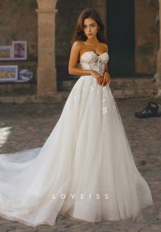 Sweetheart Sleeveless Floral Embellished Tulle A-Line Wedding Dress