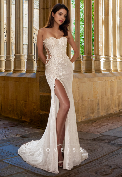 Sweetheart Sleeveless Floral Lace Appliques Sheath Beach Wedding Dress