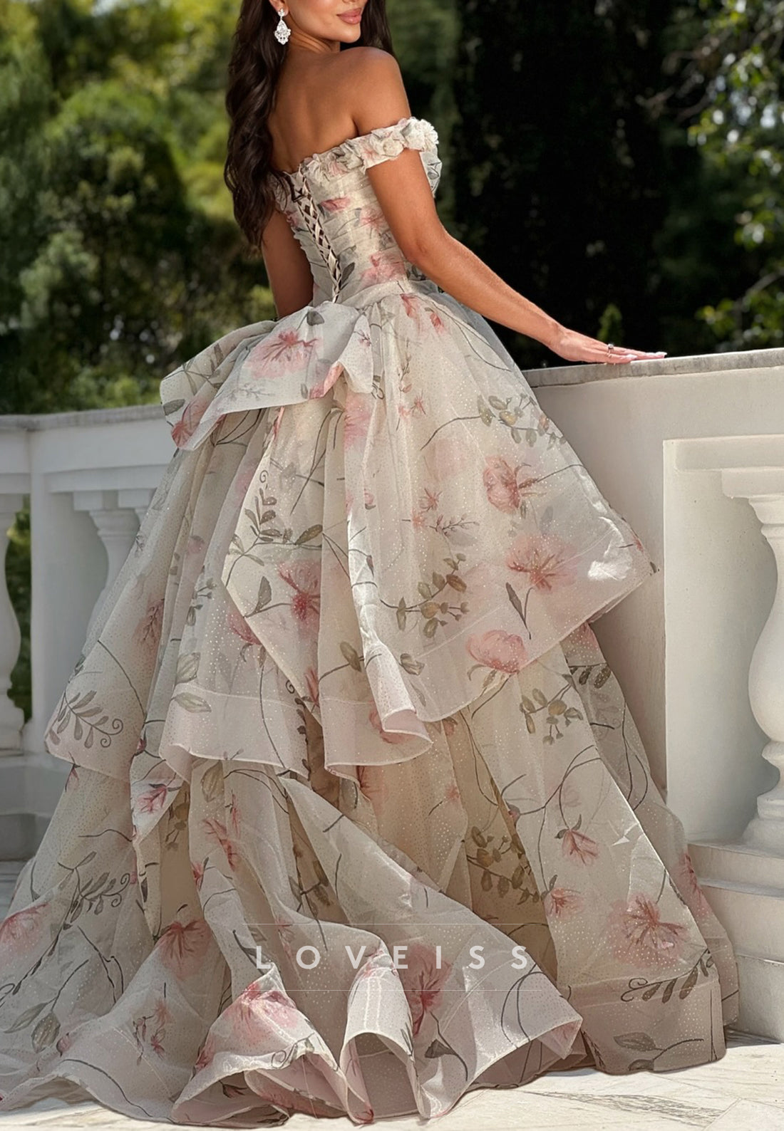 Sweetheart Sleeveless Floral Printed Tiered A-Line Prom Dress