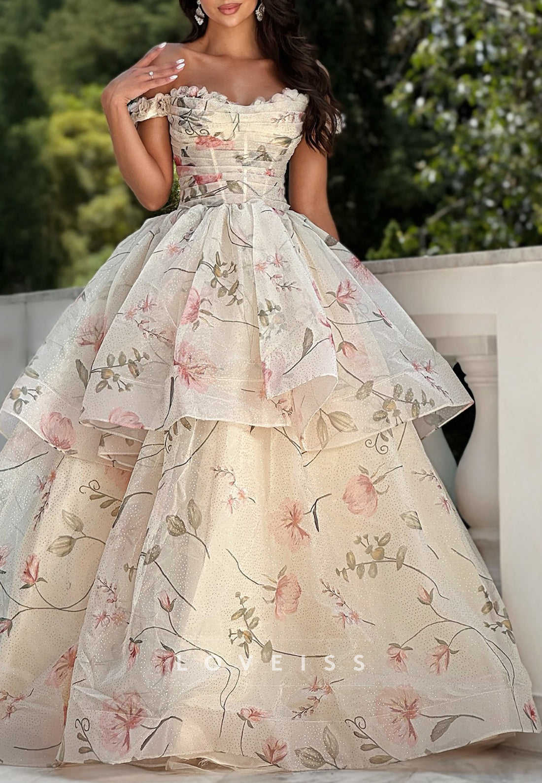 Sweetheart Sleeveless Floral Printed Tiered A-Line Prom Dress