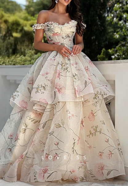 Sweetheart Sleeveless Floral Printed Tiered A-Line Prom Dress