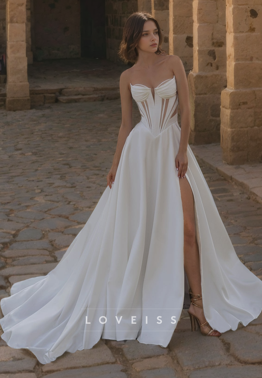 Sweetheart Sleeveless Illusion Pleated A-Line Wedding Dress