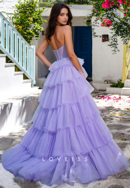 Sweetheart Sleeveless Illusion Pleated Tulle Tieered Ball Gown Prom Dress