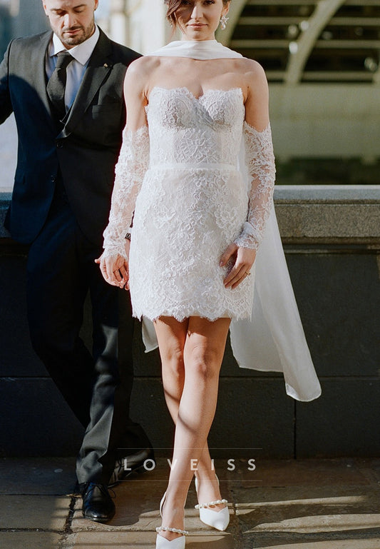 Sweetheart Sleeveless Lace Appliques Sheath Short Civil Weedding Dress