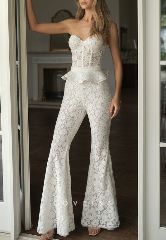 Two Pieces Sweetheart Sleeveless Lace Appliques Wedding Jumpsuits