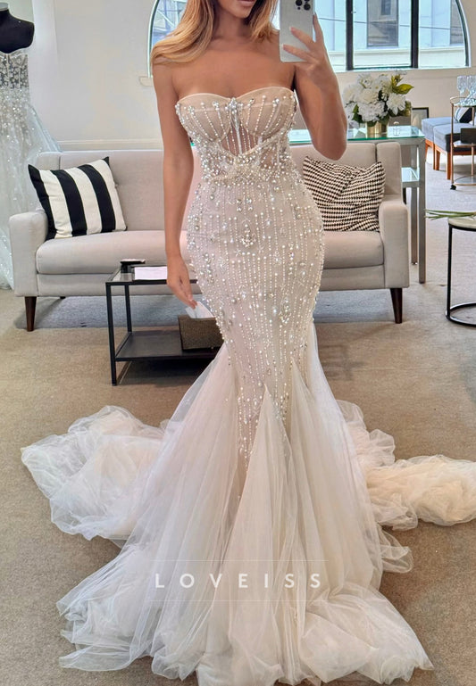 Sweetheart Sleeveless Pearl Beaded Tulle  Mermaid Wedding Dress