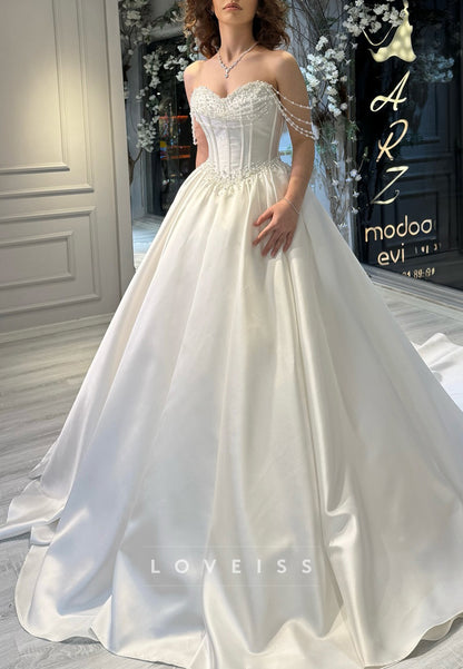 Sweetheart Sleeveless Pearl Satin A-Line Wedding Dress