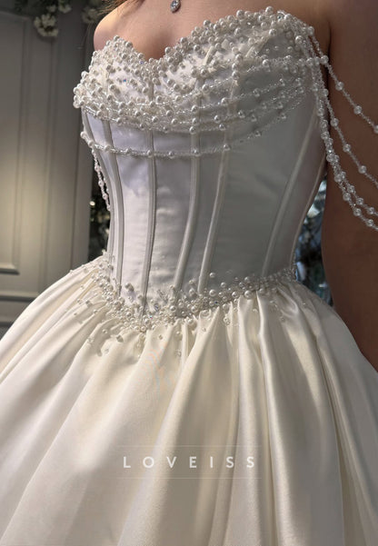 Sweetheart Sleeveless Pearl Satin A-Line Wedding Dress