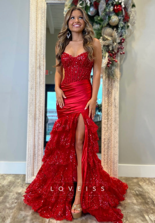 Sweetheart Sleeveless Pleated Appliques Tiered Mermaid Prom Dress