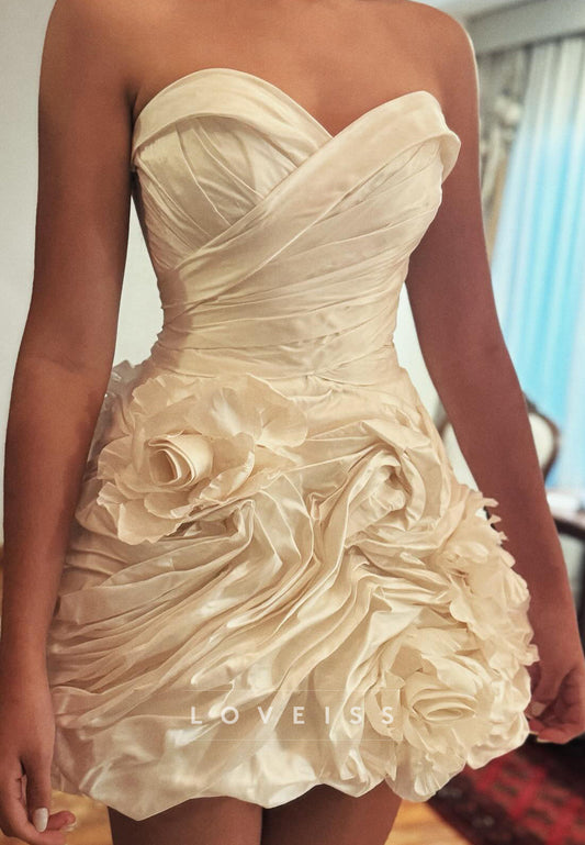 Sweetheart Sleeveless Pleated Floral A-Line Short Wedding Dress