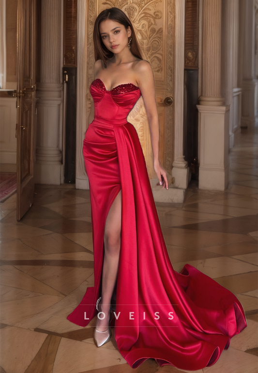 Sweetheart Sleeveless Pleated High Slit Mermaid Prom Dress