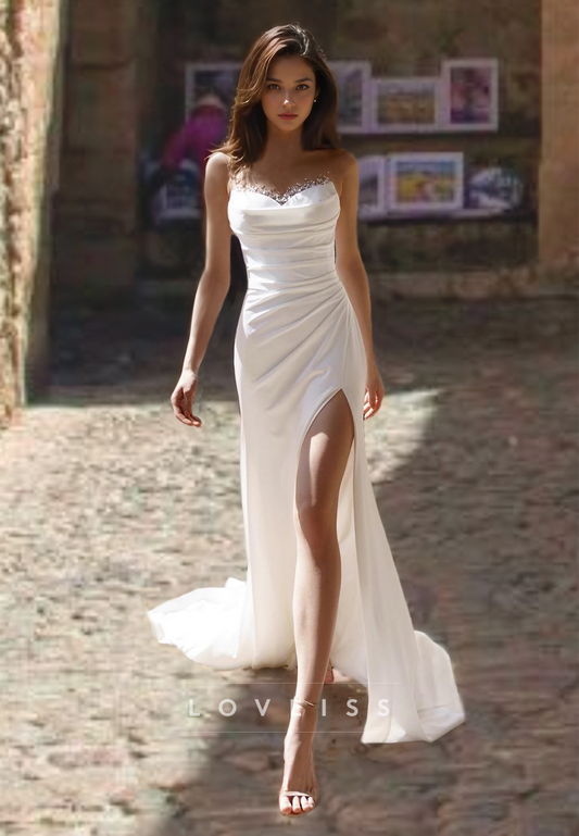 Sweetheart Sleeveless Pleated Side Slit Sheath Wedding Dress