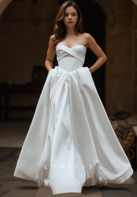 Sweetheart Sleeveless Pleated Sleek Satin A-Line Wedding Dress