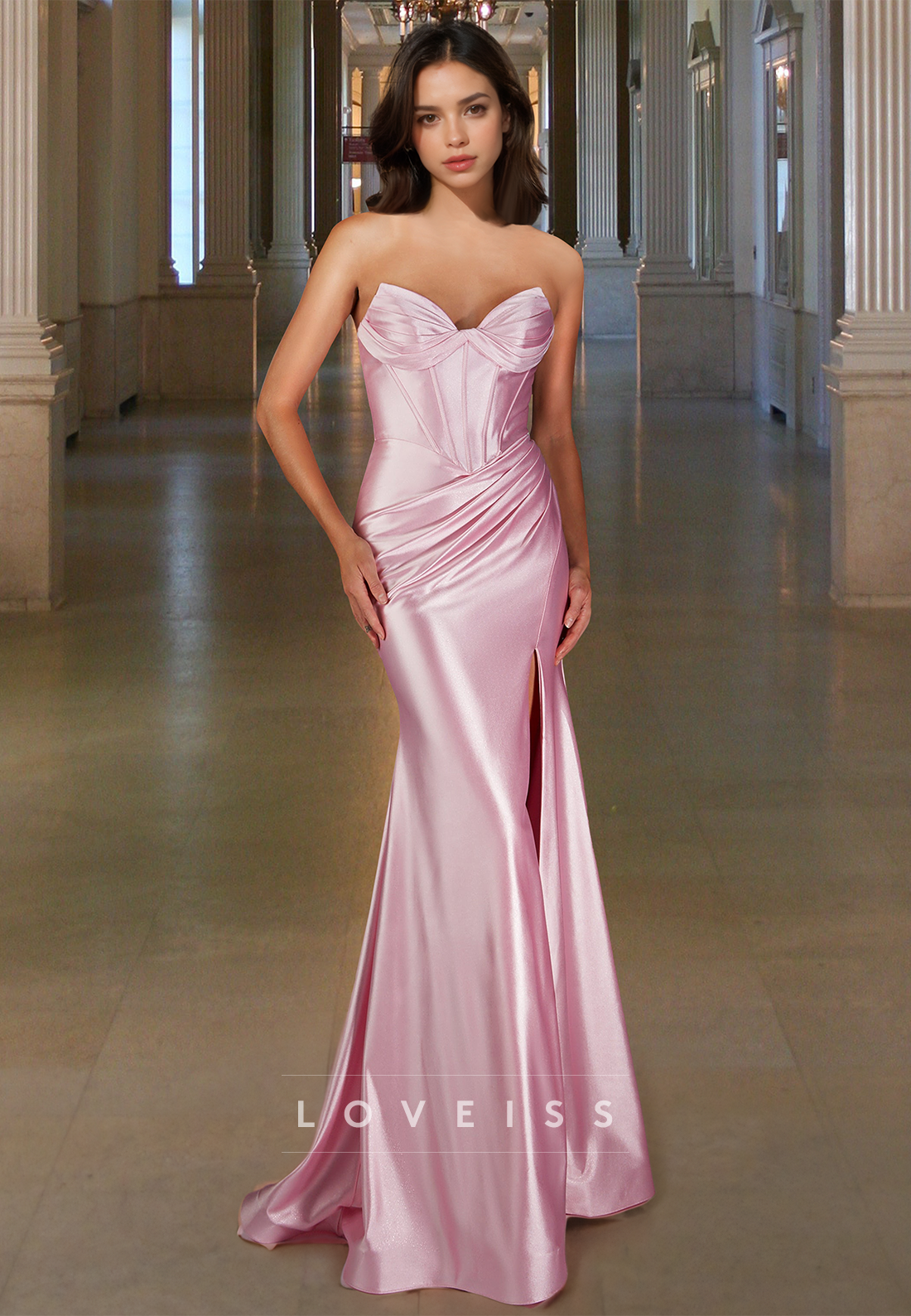 Sweetheart Sleeveless Pleated Sleek Side Slit Sheath Prom Dress