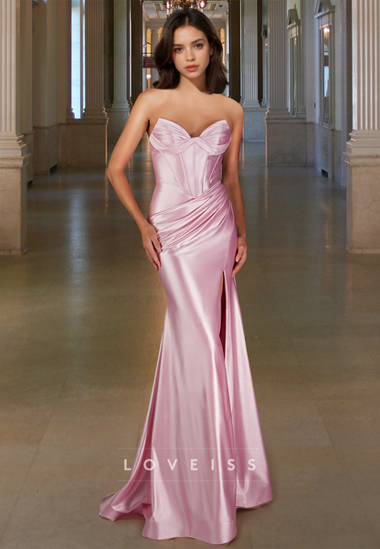 Sweetheart Sleeveless Pleated Sleek Side Slit Sheath Prom Dress