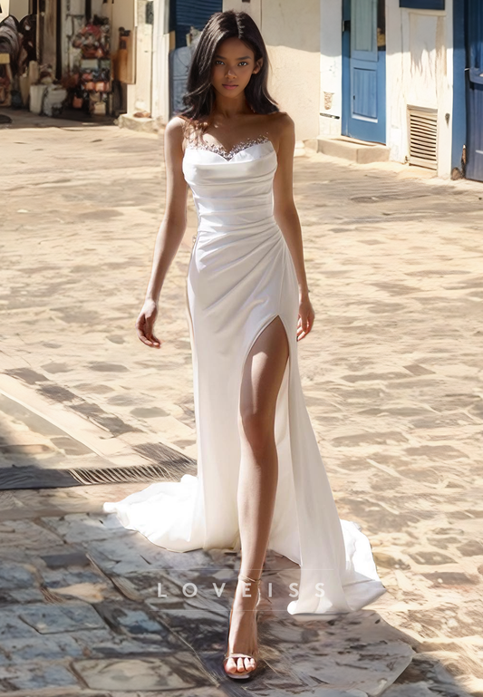 Sweetheart Sleeveless Ruched High Slit Mermaid Beach Wedding Dress