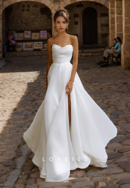 Sweetheart Sleeveless Ruched Pleated Sleek A-Line Wedding Dress