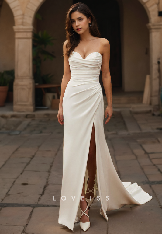 Sweetheart Sleeveless Ruched Side Slit Beach Wedding Dress