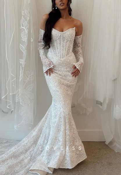 Sweetheart Sleeveless Sequins Appliques Mermaid Wedding Dress