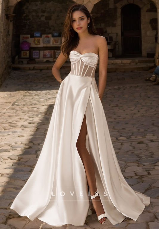 Sweetheart Sleeveless Sleek Satin Pleated A-Line Classic Wedding Dress