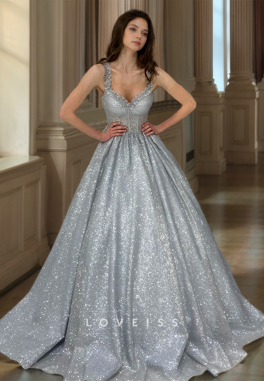 Sweetheart Sleeveless Sparkly Pleated Ball Gown Prom Dress