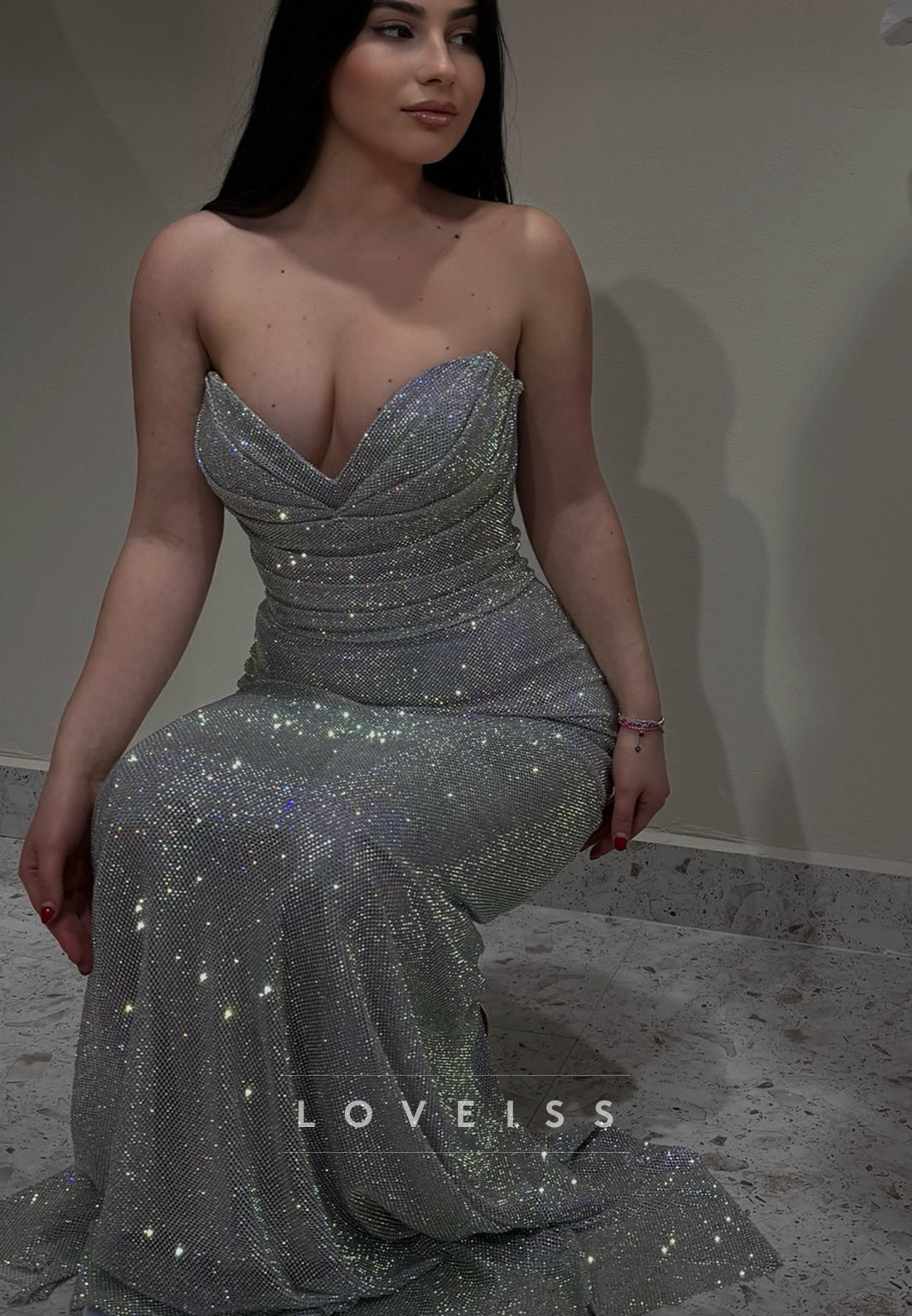 Sweetheart Sleeveless Sparkly Silver Mermaid Prom Dress