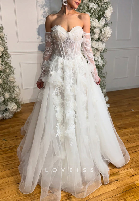 Sweetheart Sleeveless Tulle 3D Floral A-Line Wedding Dress