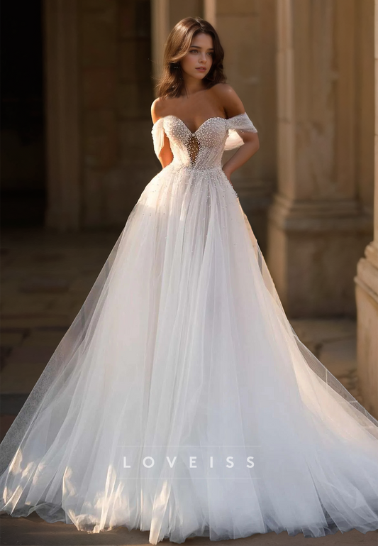 Sweetheart Sleeveless Tulle Pearl Beaded Ball Gown A-Line Wedding Dress