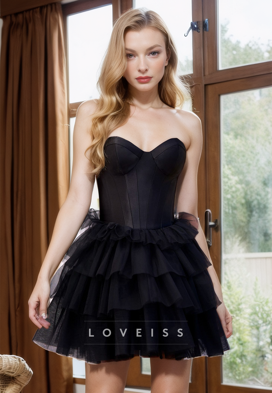 Sweetheart Sleeveless Tulle Tiered A-Line Short Homecoming Dress