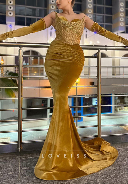 Sweetheart Sleeveless Velvet Beaded Fringe Mermaid Prom Dress