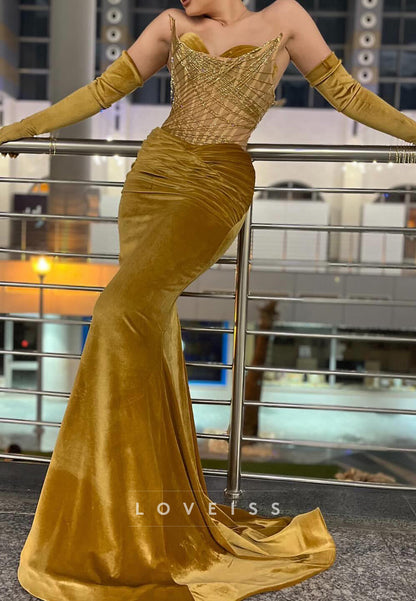 Sweetheart Sleeveless Velvet Beaded Fringe Mermaid Prom Dress