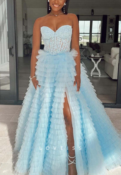 Sweetheart Sleevelesss Appliques Tiered Ball Gown Prom Dress