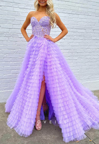 Sweetheart Sleevelesss Appliques Tiered Ball Gown Prom Dress