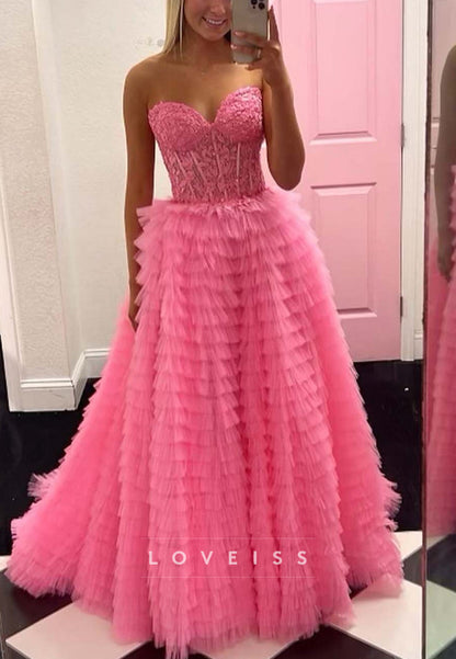 Sweetheart Sleevelesss Appliques Tiered Ball Gown Prom Dress